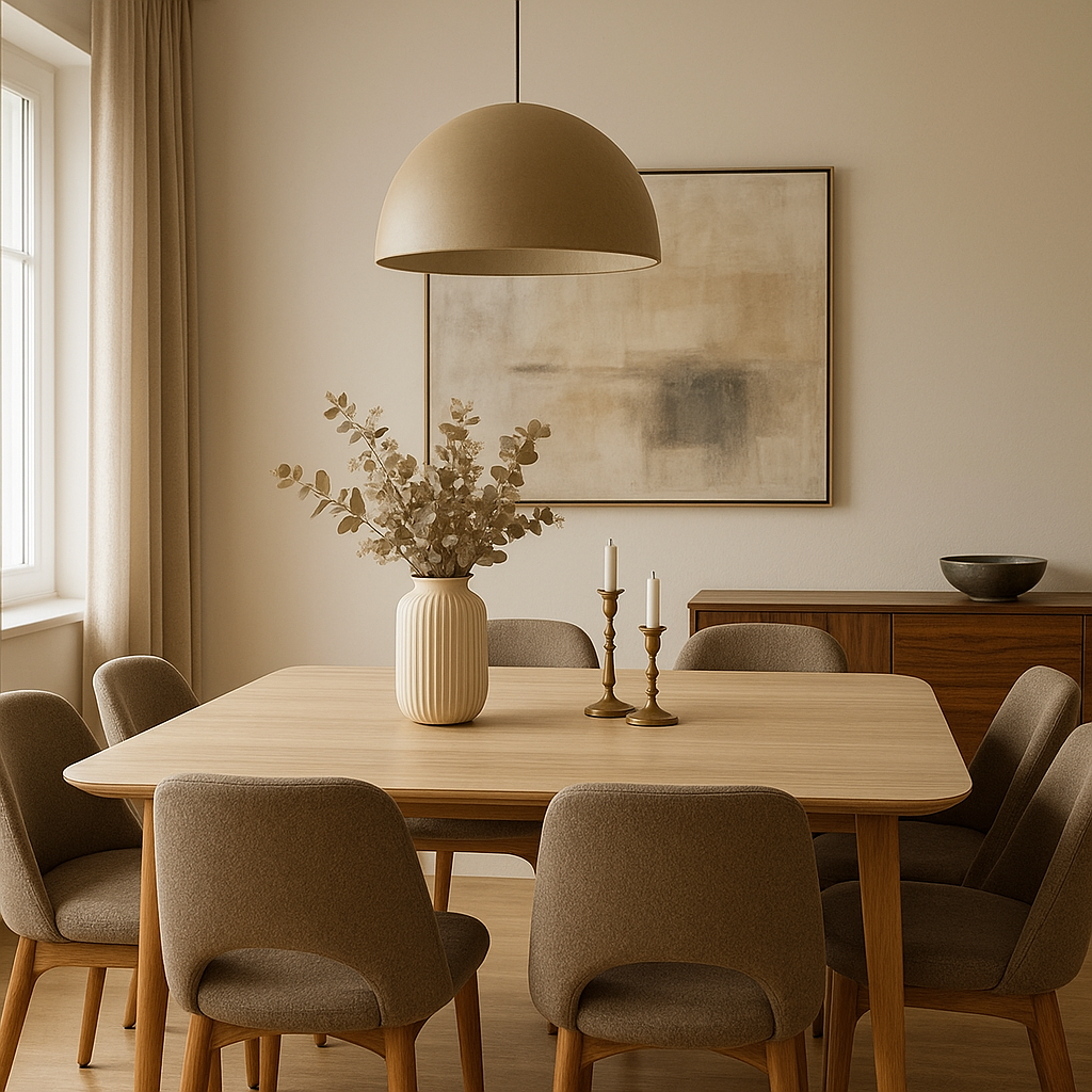 Stylish dining room interior with six-seater table