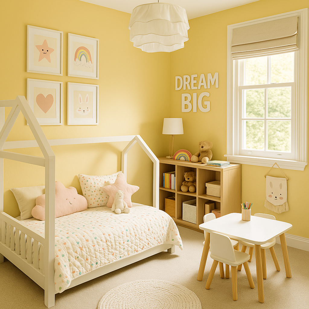 Playful kids room interior with study and storage